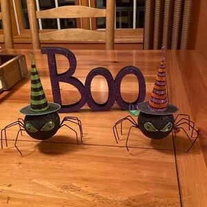 Raz Imports Glittered Spider Halloween Ornaments and Glittered “Boo” sign